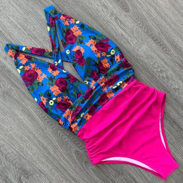 Sexy One Piece Swimsuit Female Floral Women Swimwear Push Up Bathing Suits Bodysuits Beach wear Deep V-neck Ruffle Monokini