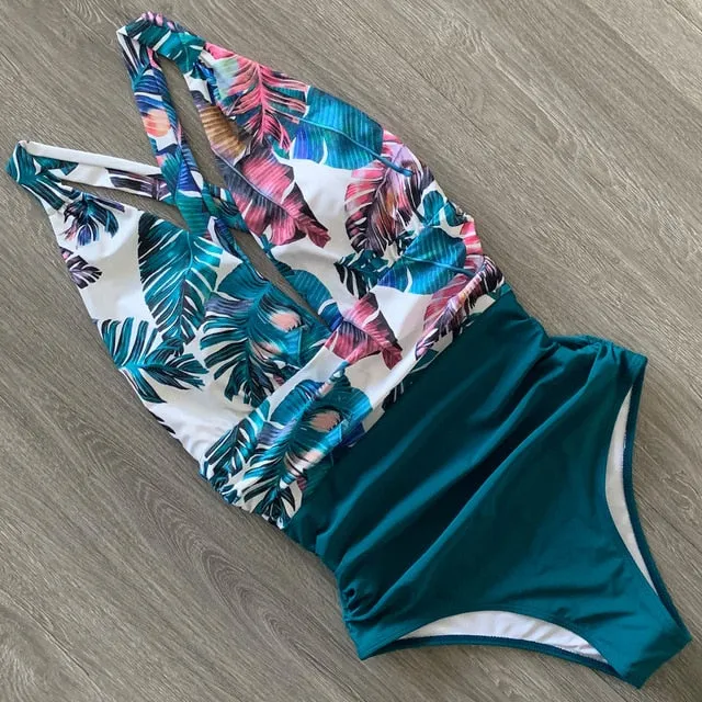 Sexy One Piece Swimsuit Female Floral Women Swimwear Push Up Bathing Suits Bodysuits Beach wear Deep V-neck Ruffle Monokini