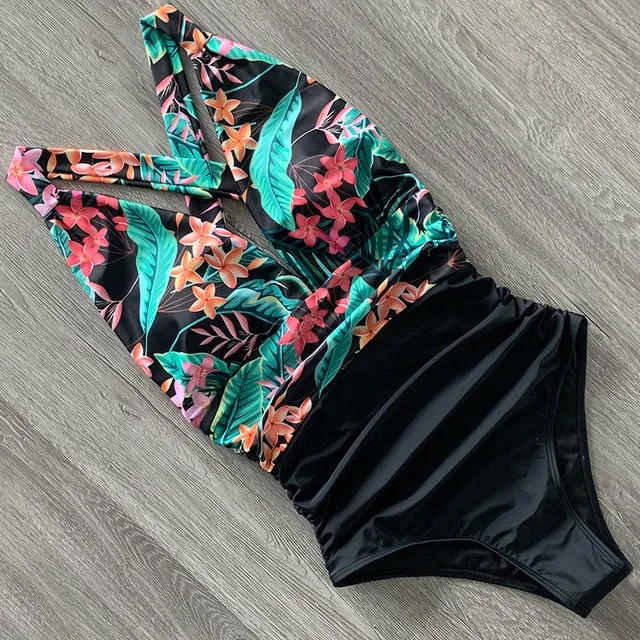 Sexy One Piece Swimsuit Female Floral Women Swimwear Push Up Bathing Suits Bodysuits Beach wear Deep V-neck Ruffle Monokini