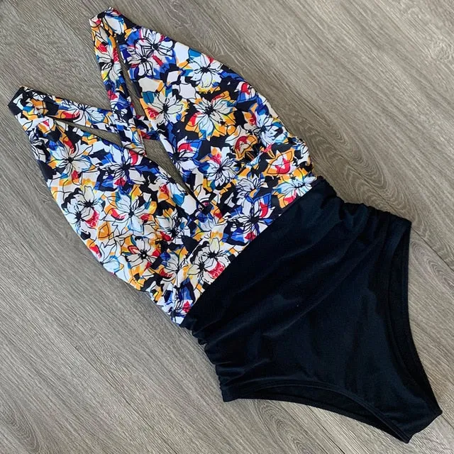 Sexy One Piece Swimsuit Female Floral Women Swimwear Push Up Bathing Suits Bodysuits Beach wear Deep V-neck Ruffle Monokini