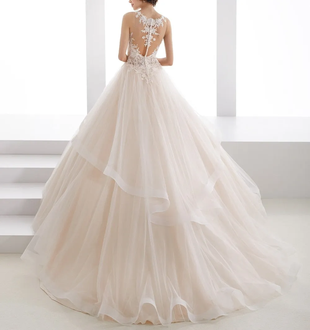 Sexy See Through Bodice Romantic Wedding Dress With Lace Appliques And Ruffled Skirt