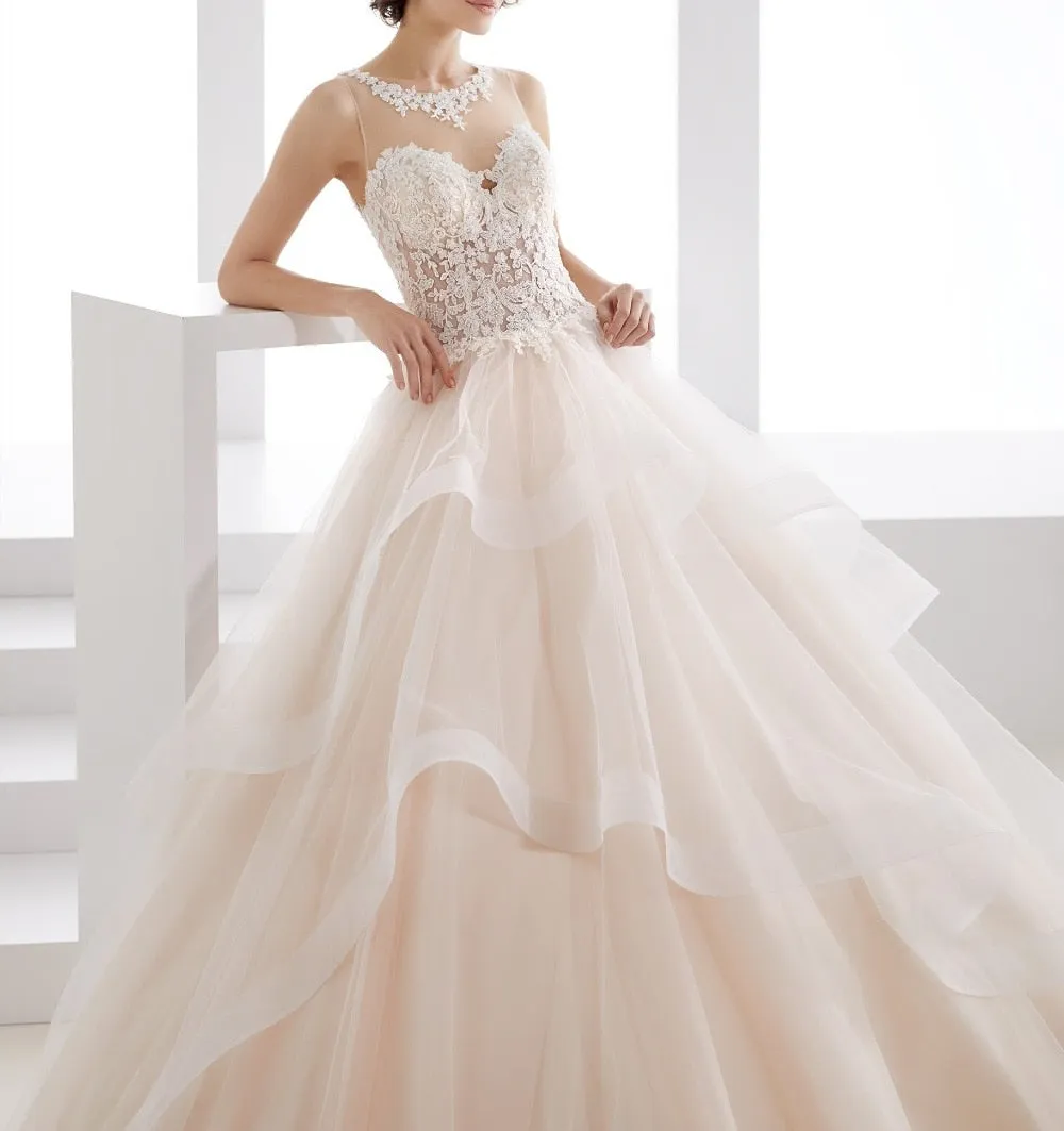 Sexy See Through Bodice Romantic Wedding Dress With Lace Appliques And Ruffled Skirt
