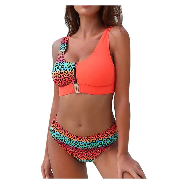 Sexy Tropical Print Patchwork Suit Swimwear