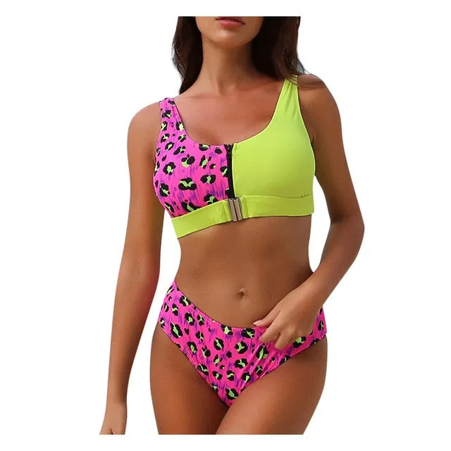 Sexy Tropical Print Patchwork Suit Swimwear