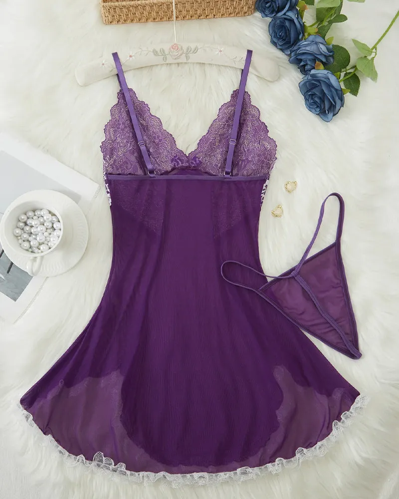 Sexy V Neck Sheer Lace Nightgown with G-String
