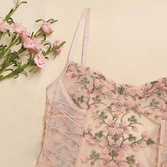 Sexy Sheer Floral Lace Up Teddy Bodysuit Lingerie