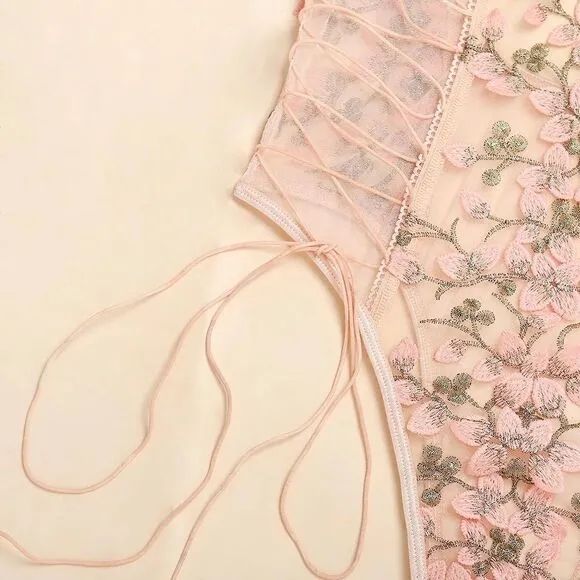 Sexy Sheer Floral Lace Up Teddy Bodysuit Lingerie