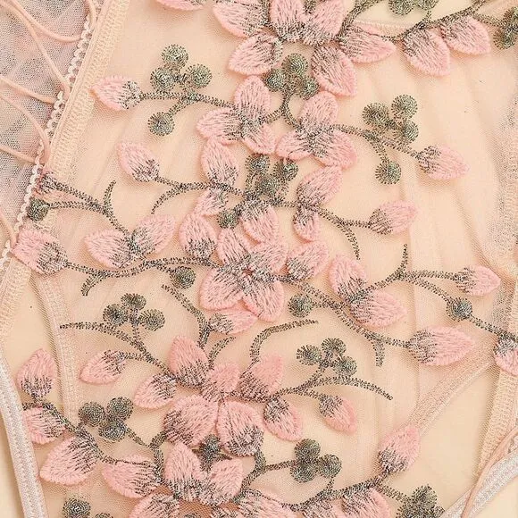 Sexy Sheer Floral Lace Up Teddy Bodysuit Lingerie