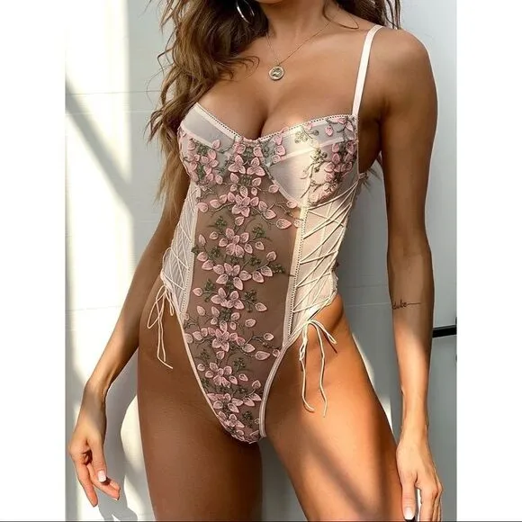 Sexy Sheer Floral Lace Up Teddy Bodysuit Lingerie