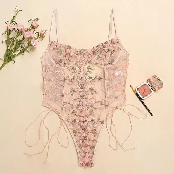 Sexy Sheer Floral Lace Up Teddy Bodysuit Lingerie