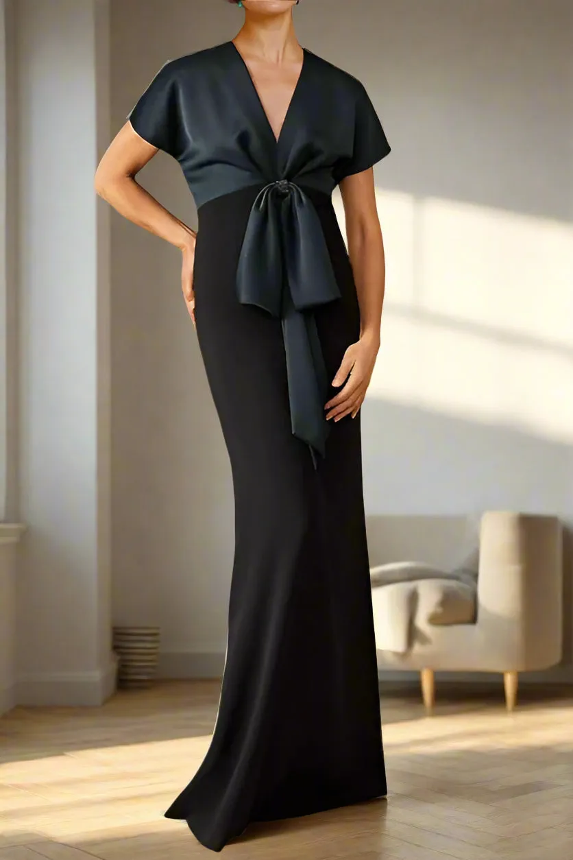 Sheath Floor Length V-neck Short Sleeve Mother of the Bride Dress with Bow