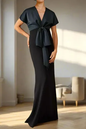 Sheath Floor Length V-neck Short Sleeve Mother of the Bride Dress with Bow
