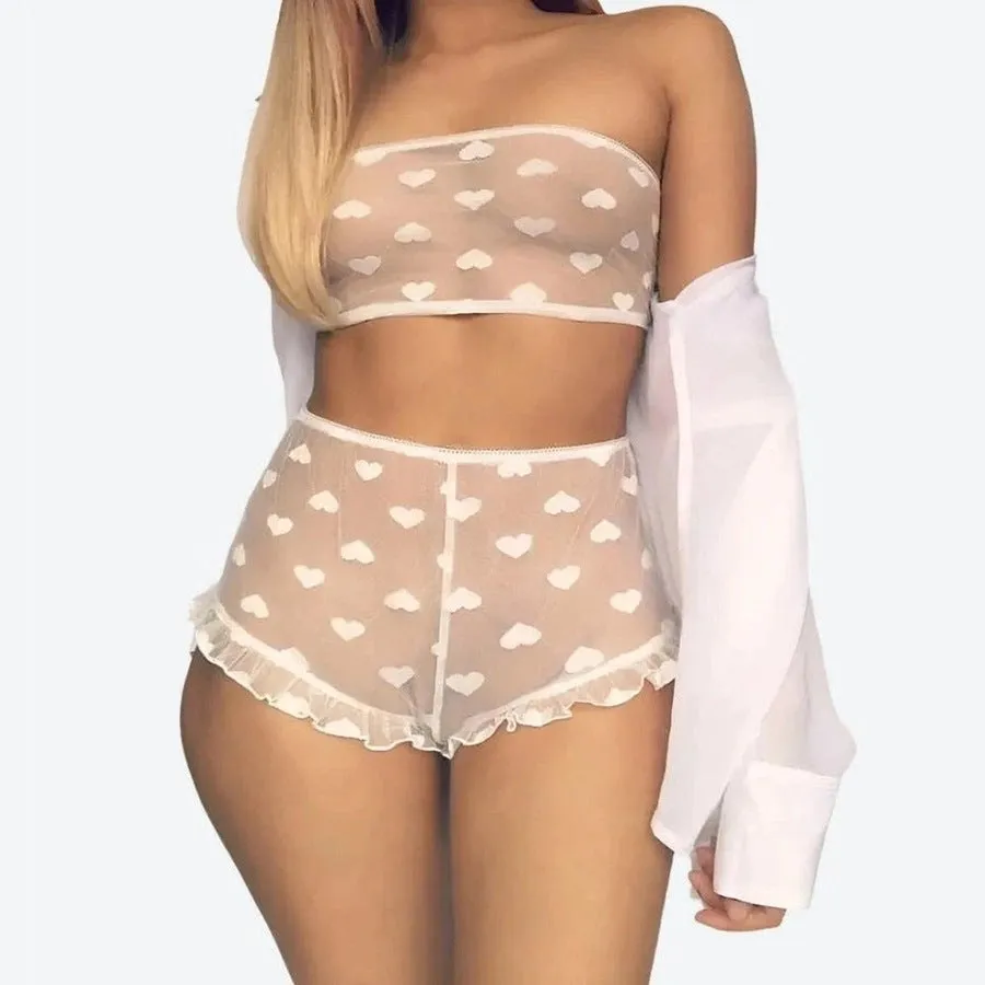 Sheer Heart-Print Lingerie Set