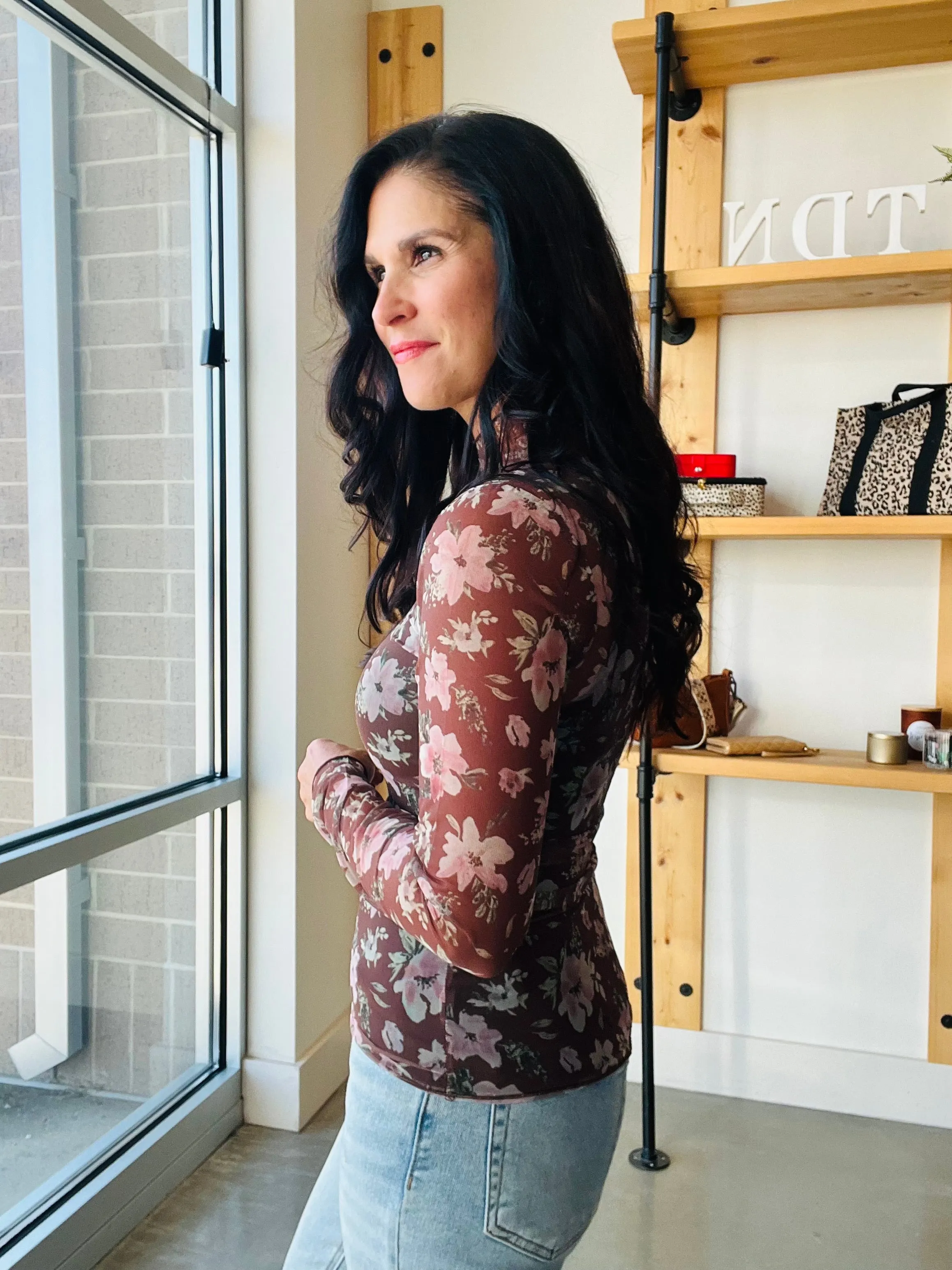 Sheer Mesh Lace Top in Brown Floral