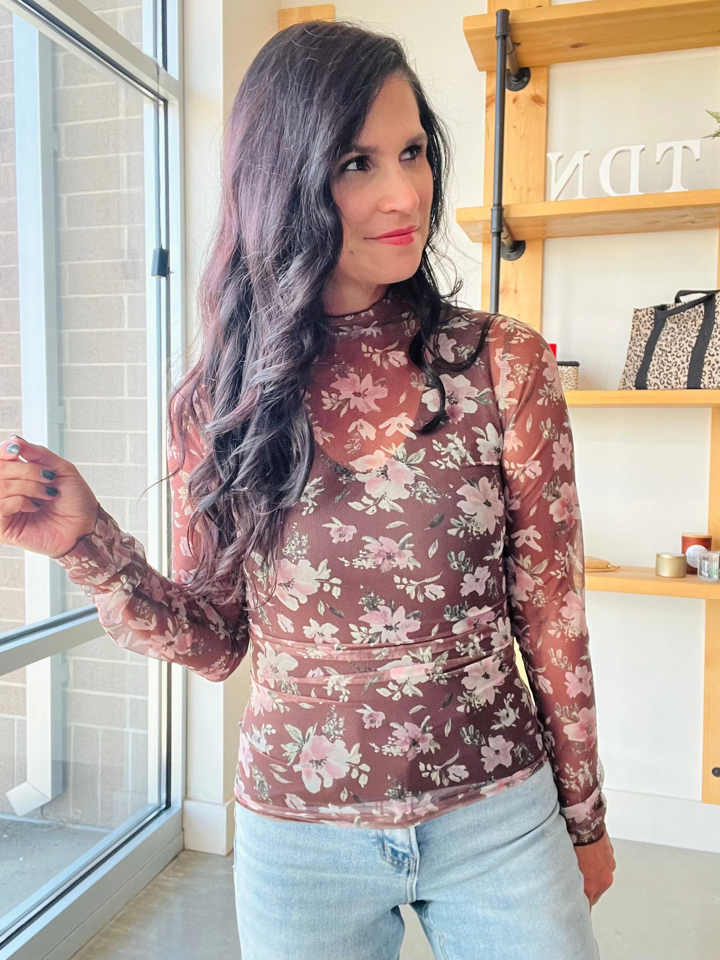 Sheer Mesh Lace Top in Brown Floral