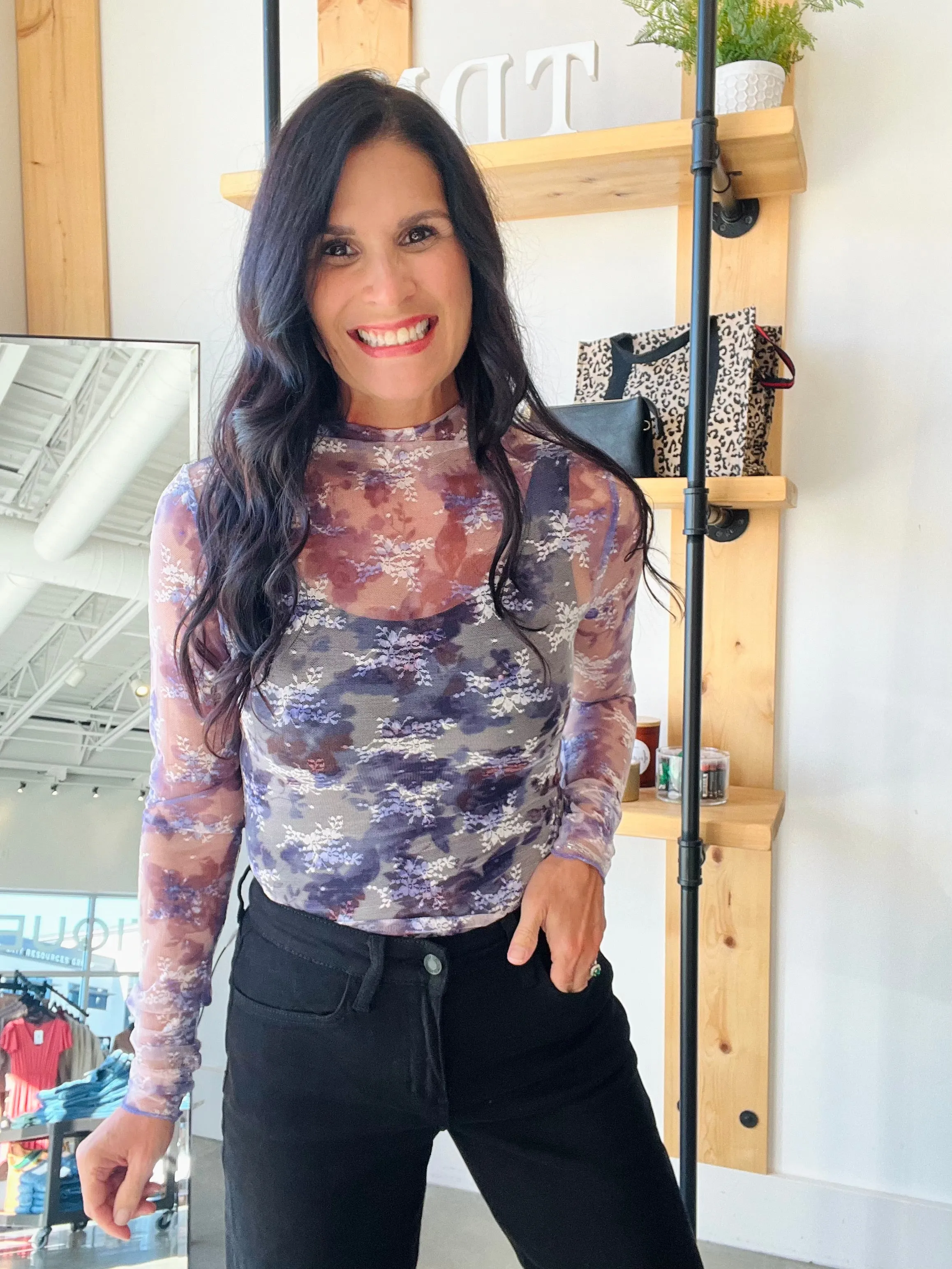 Sheer Mesh Lace Top in Purple Floral