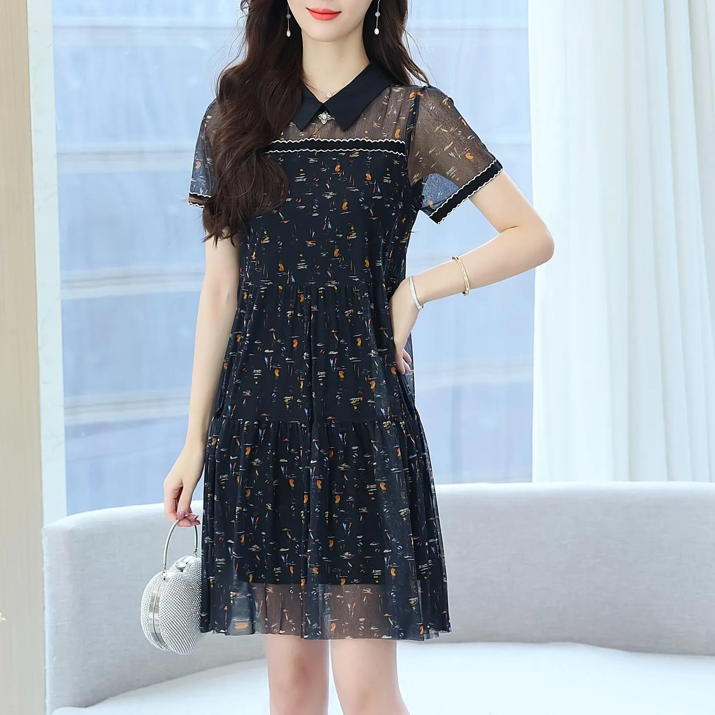 Sheer Mid-length Mesh Dress with a Flattering Fit