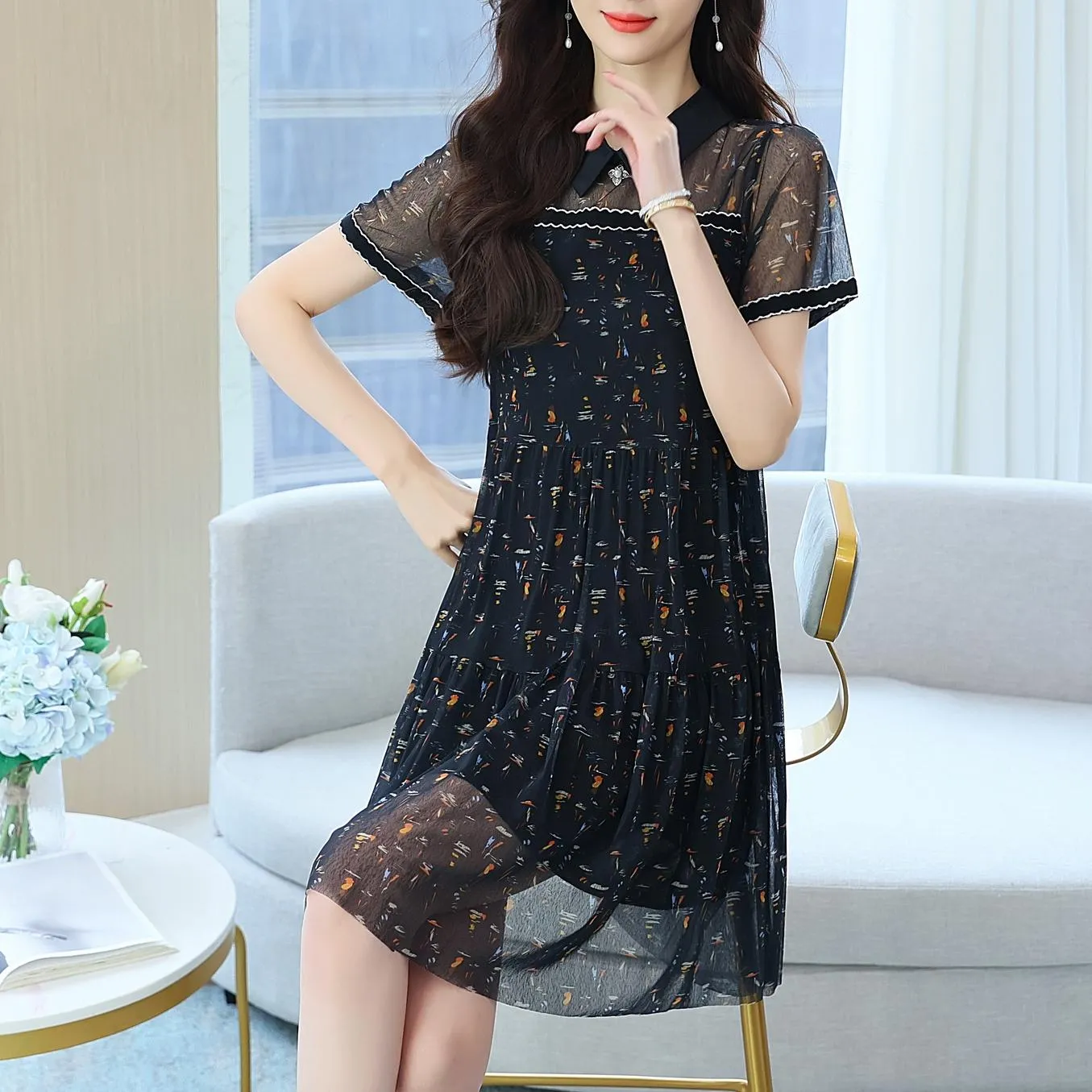 Sheer Mid-length Mesh Dress with a Flattering Fit