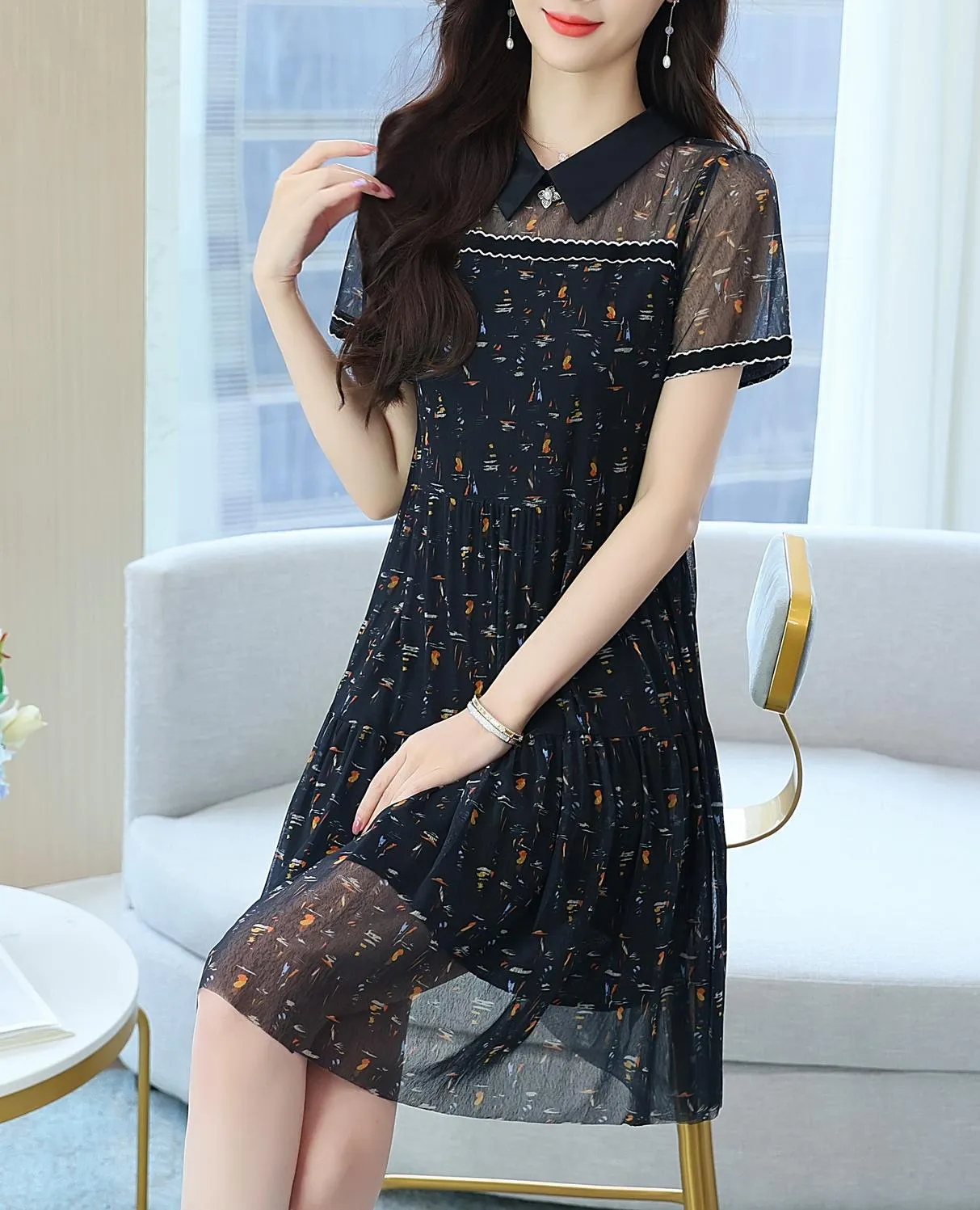 Sheer Mid-length Mesh Dress with a Flattering Fit