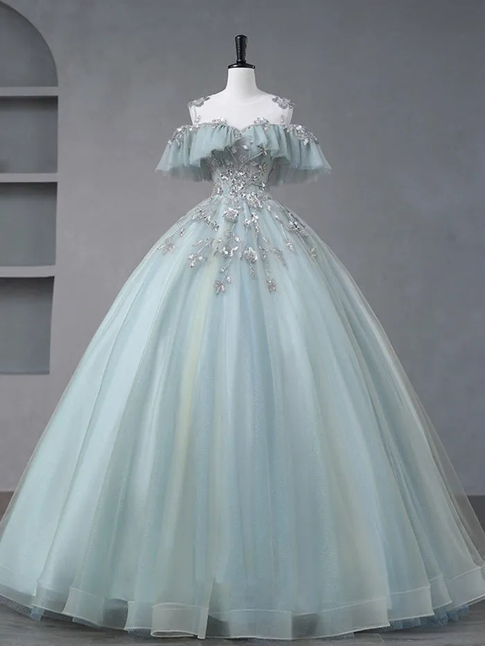 Sheer Neck A-Line Tulle Quinceanera Dress Long Prom Dress