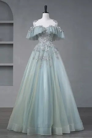 Sheer Neck A-Line Tulle Quinceanera Dress Long Prom Dress