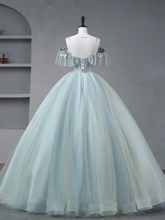 Sheer Neck A-Line Tulle Quinceanera Dress Long Prom Dress