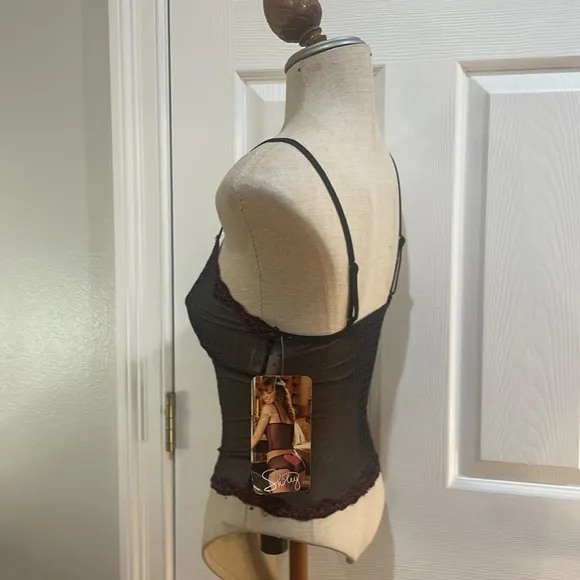 Shirley of Hollywood sheer mesh dot camisole lingerie black pink cami women’s M