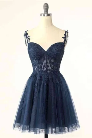 Short Navy Blue Homecoming Dresses 2024 Lace Wedding Guest Dress