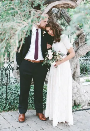 Short Sleeves Modest A-line Floor Length Boho Lace Bridal Gown with Zipper Back-715365