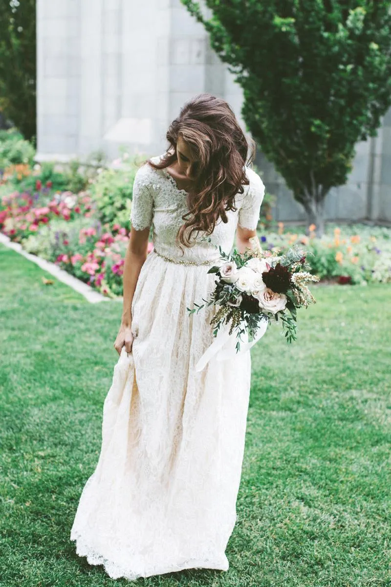Short Sleeves Modest A-line Floor Length Boho Lace Bridal Gown with Zipper Back-715365