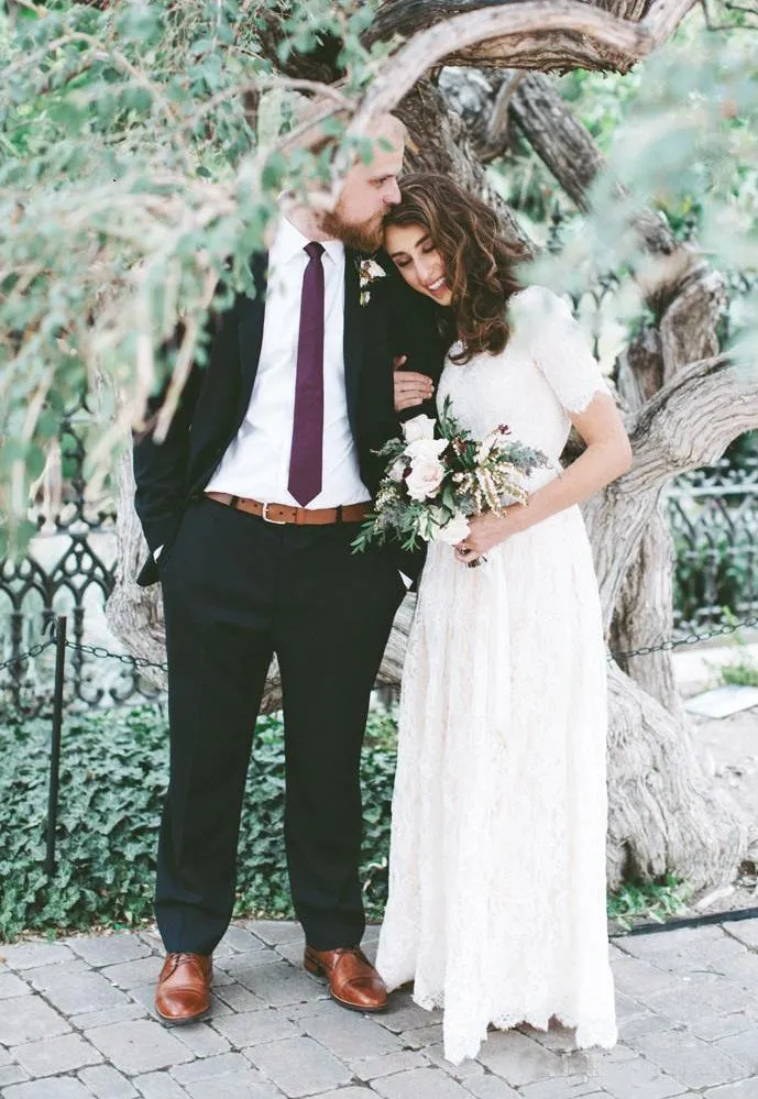 Short Sleeves Modest A-line Floor Length Boho Lace Bridal Gown with Zipper Back-715365