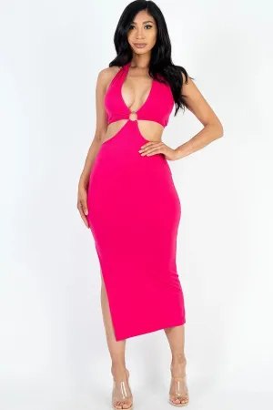 Side Cut-out Halter Neck Split Thigh Midi Dress