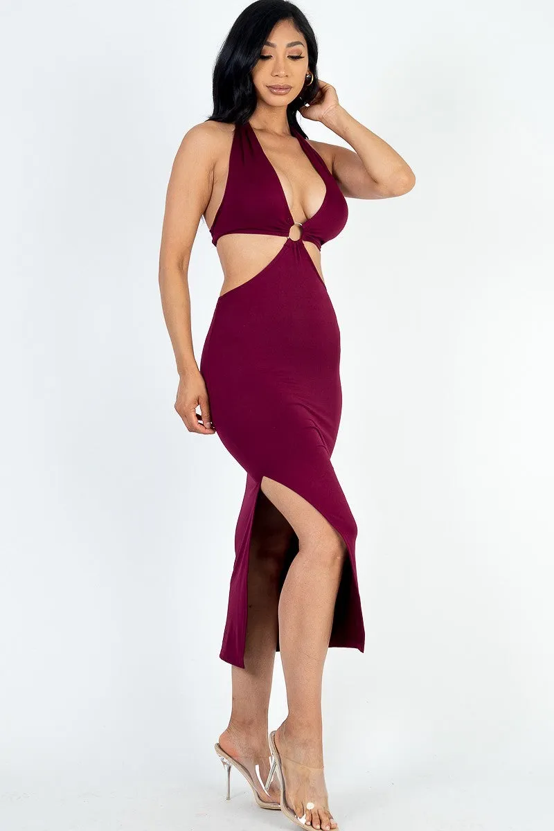 Side Cut-out Halter Neck Split Thigh Midi Dress