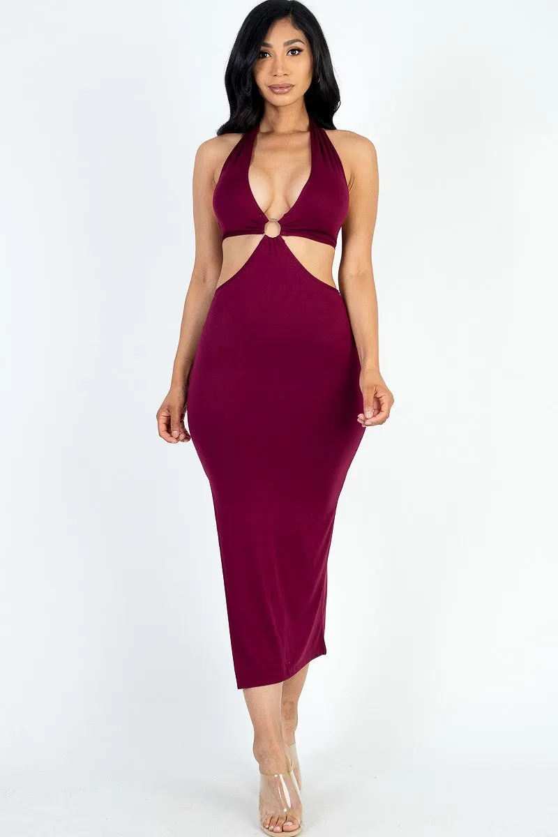 Side Cut-out Halter Neck Split Thigh Midi Dress