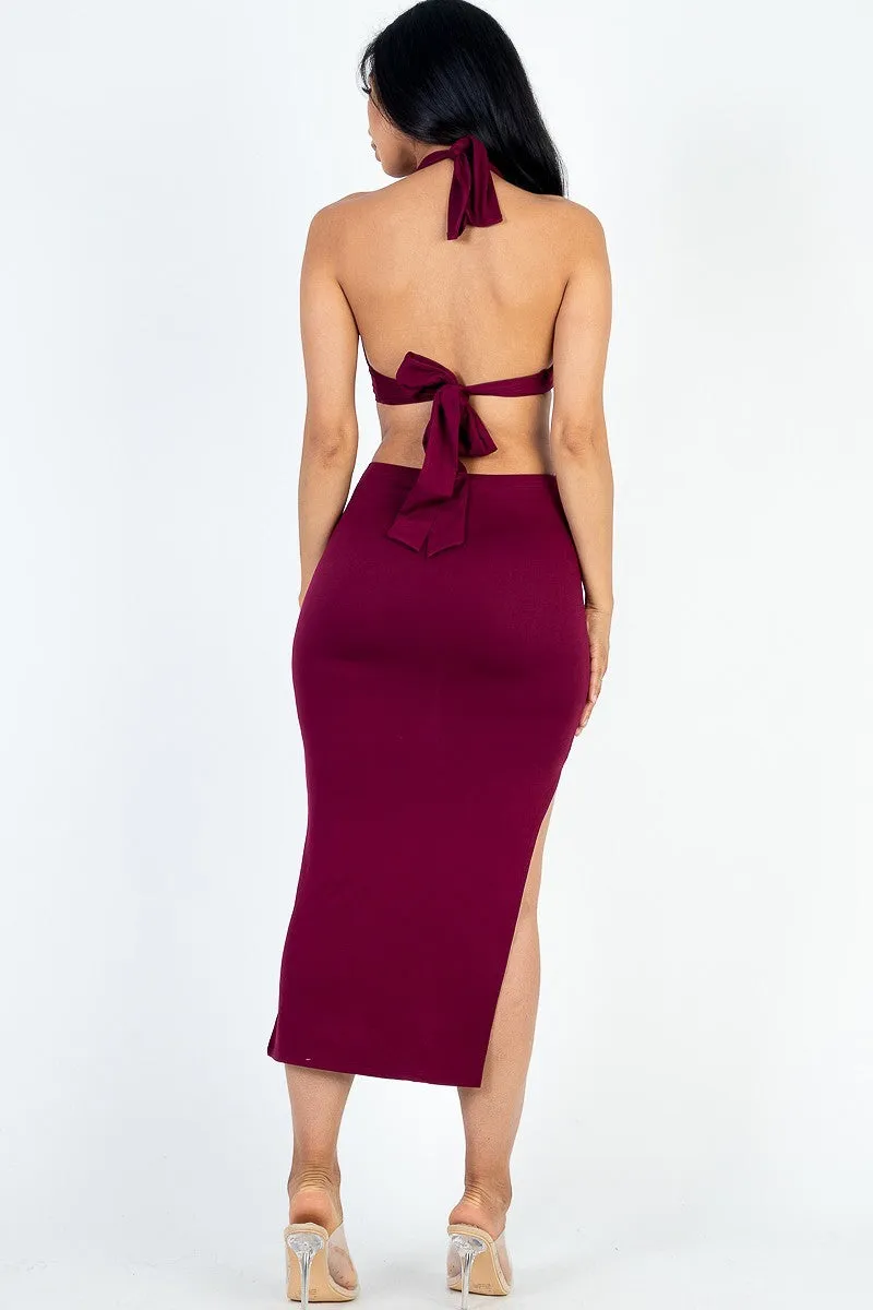 Side Cut-out Halter Neck Split Thigh Midi Dress