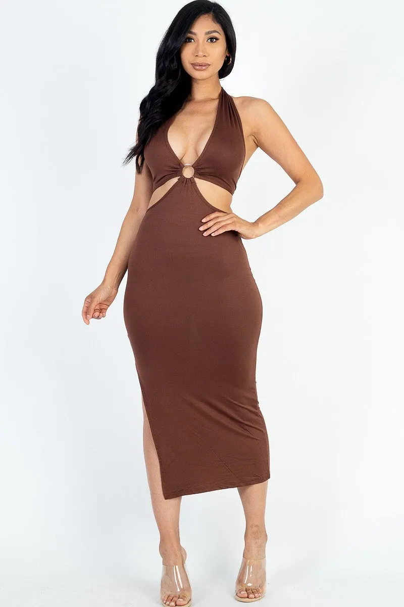 Side Cut-out Halter Neck Split Thigh Midi Dress
