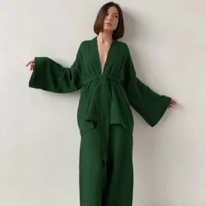 Silk Button-Down Long Sleepwear Set - Dark Green