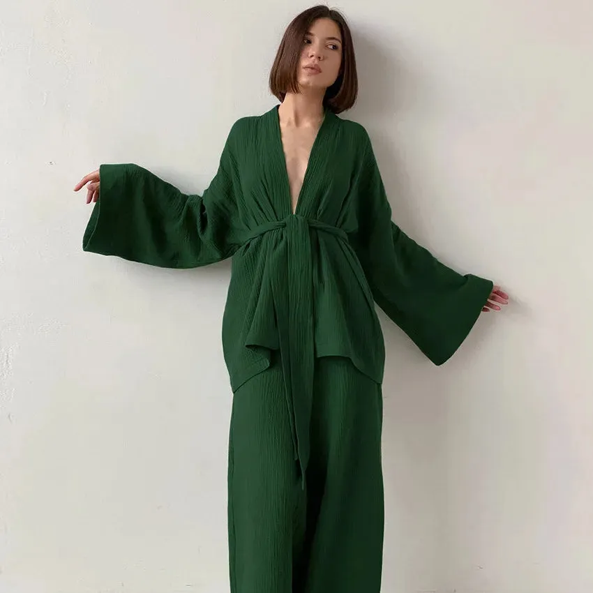 Silk Button-Down Long Sleepwear Set - Dark Green