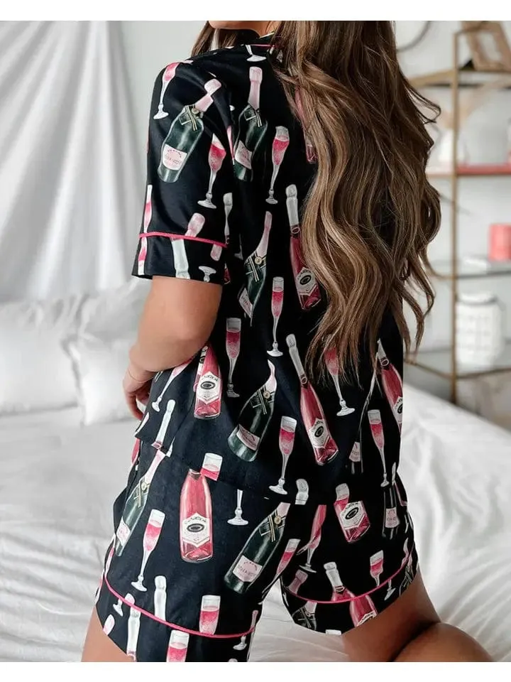 Silk Champagne Pajama Short Set In Black