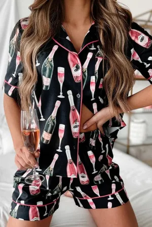 Silk Champagne Pajama Short Set In Black