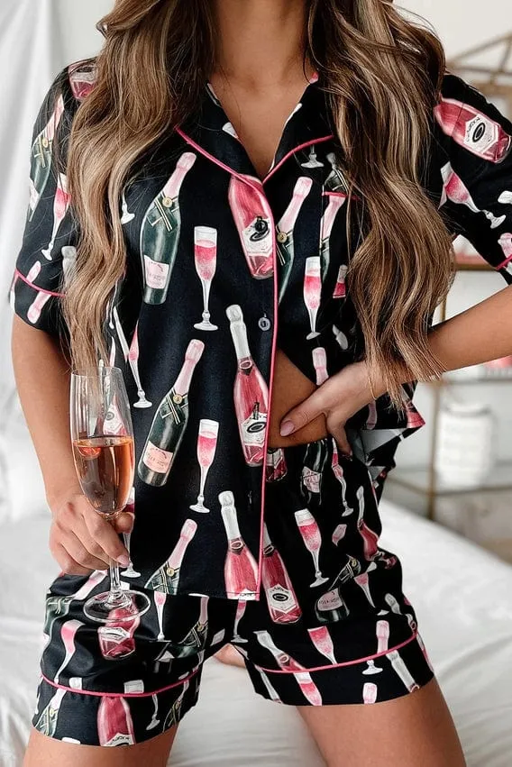 Silk Champagne Pajama Short Set In Black