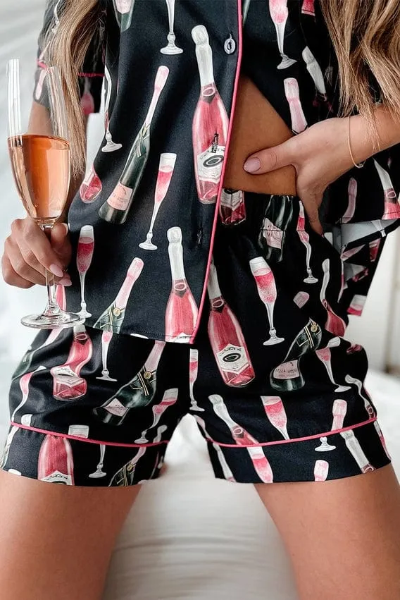 Silk Champagne Pajama Short Set In Black