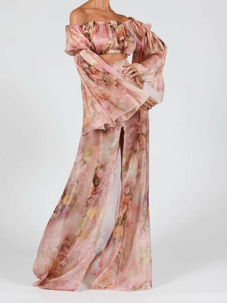 SILK FLORAL MAXI SET DRESS IN ROSE PINK