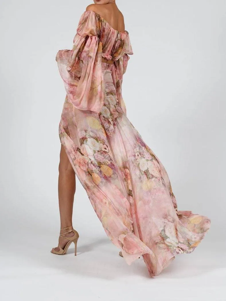 SILK FLORAL MAXI SET DRESS IN ROSE PINK