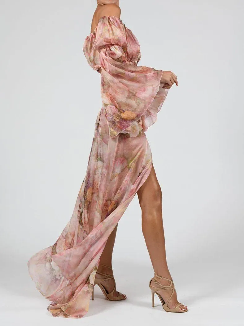 SILK FLORAL MAXI SET DRESS IN ROSE PINK