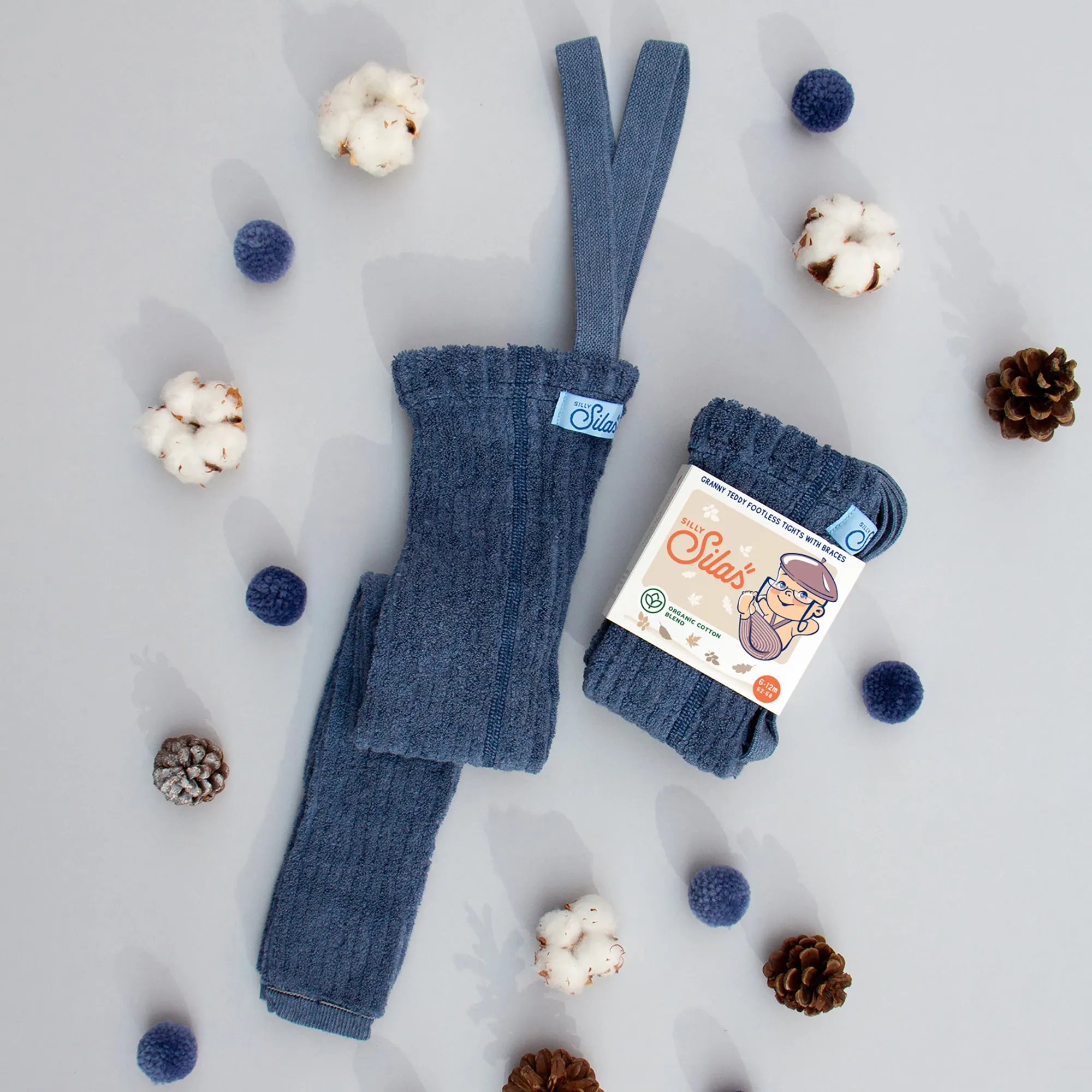 Silly Silas Footless Granny Teddy Tights with Braces - Steel Blue