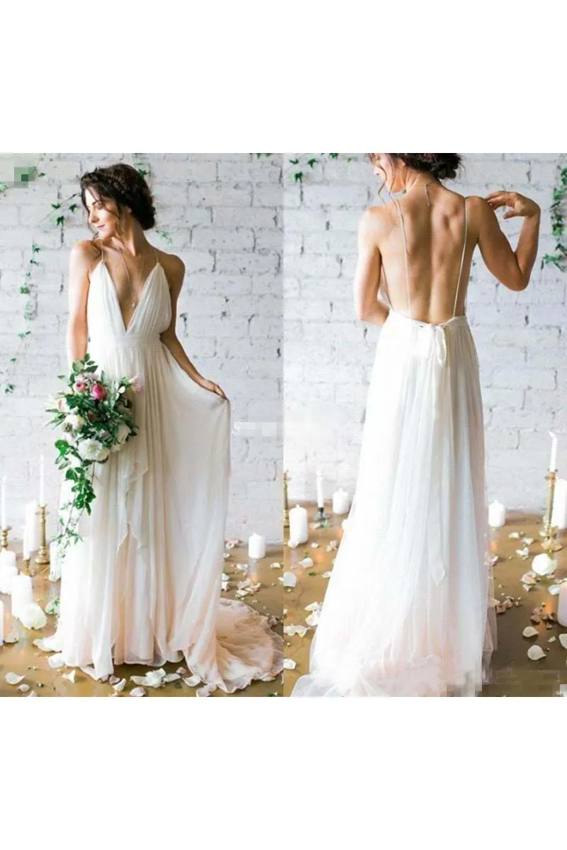 Simple Sexy Plunging V Neck Straps Spaghetti Sheath Chiffon Wedding Dress-715342