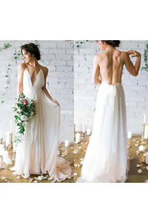 Simple Sexy Plunging V Neck Straps Spaghetti Sheath Chiffon Wedding Dress-715342