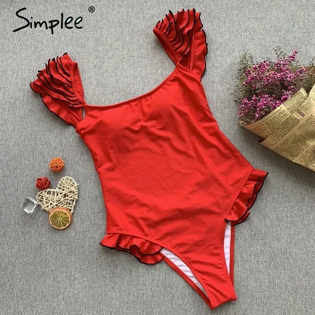 Simplee Sexy red push up one-pieces bikini Summer style ruffle sleeve beach wear playsuit Female casual banthing suit swimsuit