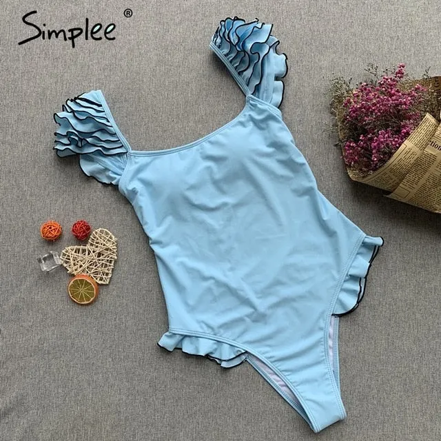 Simplee Sexy red push up one-pieces bikini Summer style ruffle sleeve beach wear playsuit Female casual banthing suit swimsuit